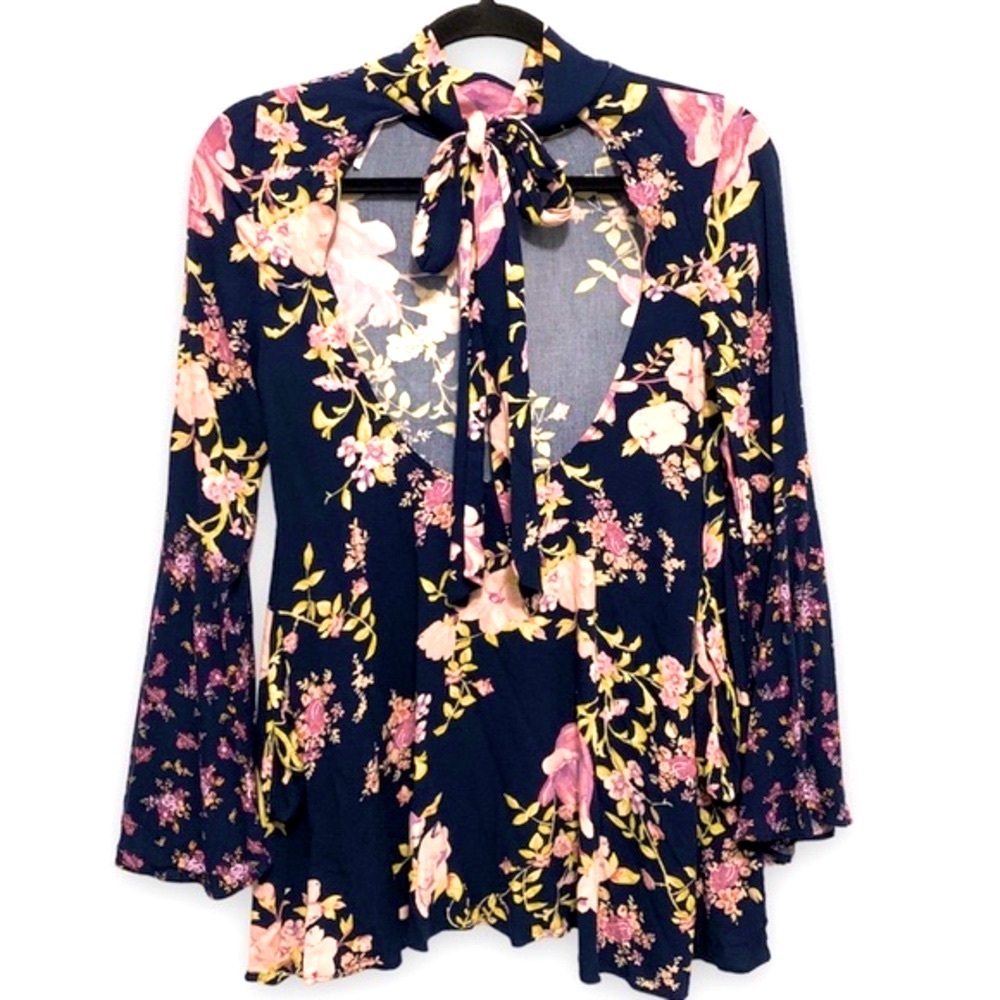 Free People Navy Blue Floral Print Mock Neck Bell Sleeve Tunic - Picture 2 of 6